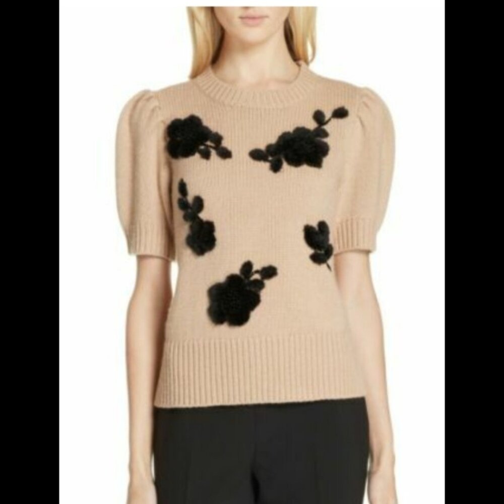 Kate Spade Beige Floral Appliqué Short Sleeve Sweater